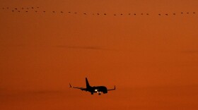 FILE - A Southwest Airlines passenger jet approaches Kansas City International Airport to land as geese fly overhead, Friday, Dec. 30, 2022, in Kansas City, Mo. A computer outage at the Federal Aviation Administration brought flights to a standstill across the U.S. on Wednesday, with hundreds of delays quickly cascading through the system at airports nationwide. (AP Photo/Charlie Riedel, File)