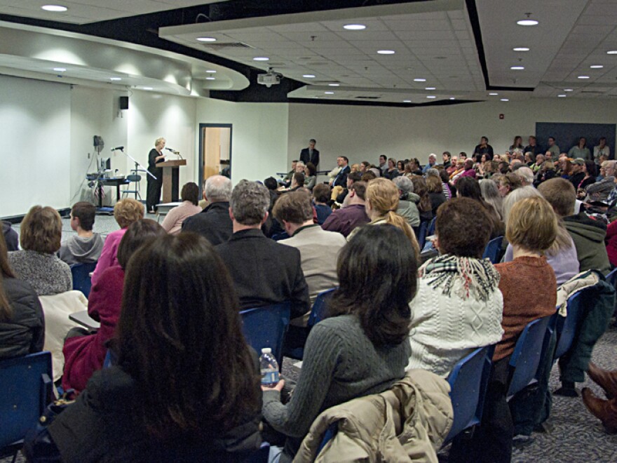 Newtown First Selectwoman Pat Llodra speaks to community members at a meeting about the future of Sandy Hook Elementary.