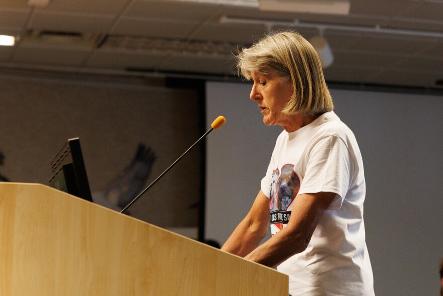 Lynn Moore speaks about concerns over Alachua County Animal Resources at a County Commission meeting in Gainesville, Fla., Tuesday, March 10, 2026.