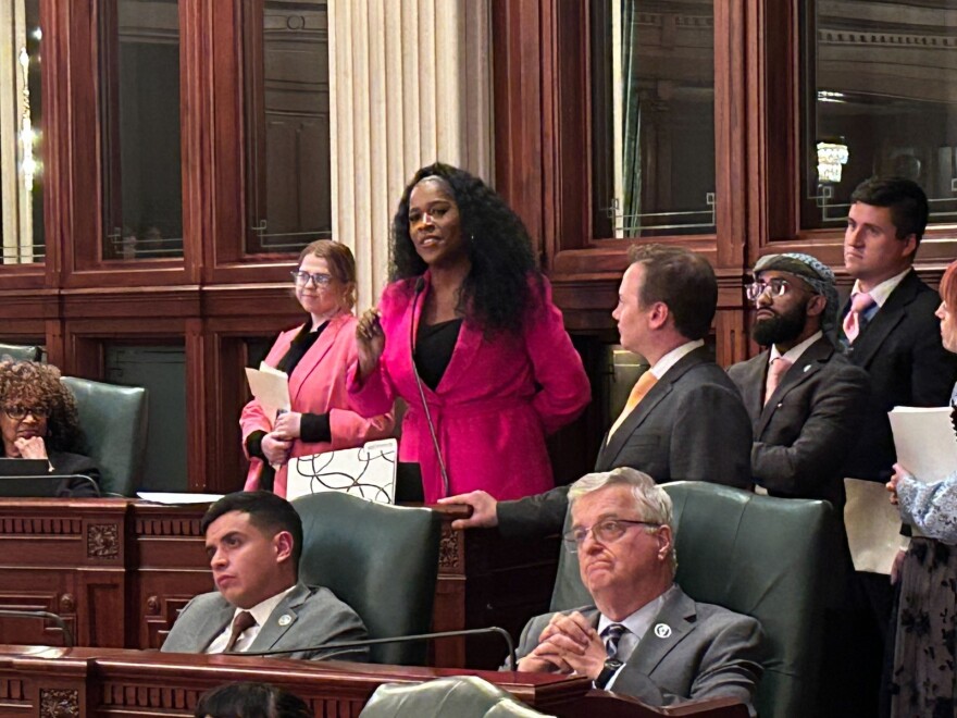 State Rep. Jehan Gordon-Booth (D-Peoria), the House Democrats’ lead budget negotiator, presents her closing argument during the budget debate Saturday May 27, 2023