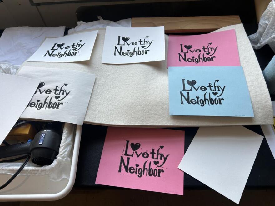 Prints made at the library's printmaking workshop. (Amanda Beland/WBUR)
