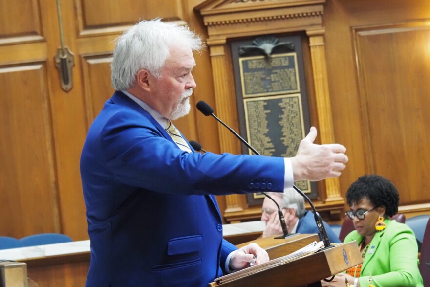 Senate Bill 1 sponsor Rep. Brad Barrett, R-Richmond, addresses the House chamber on Monday, Feb. 23, 2026, at the Indiana Statehouse.
