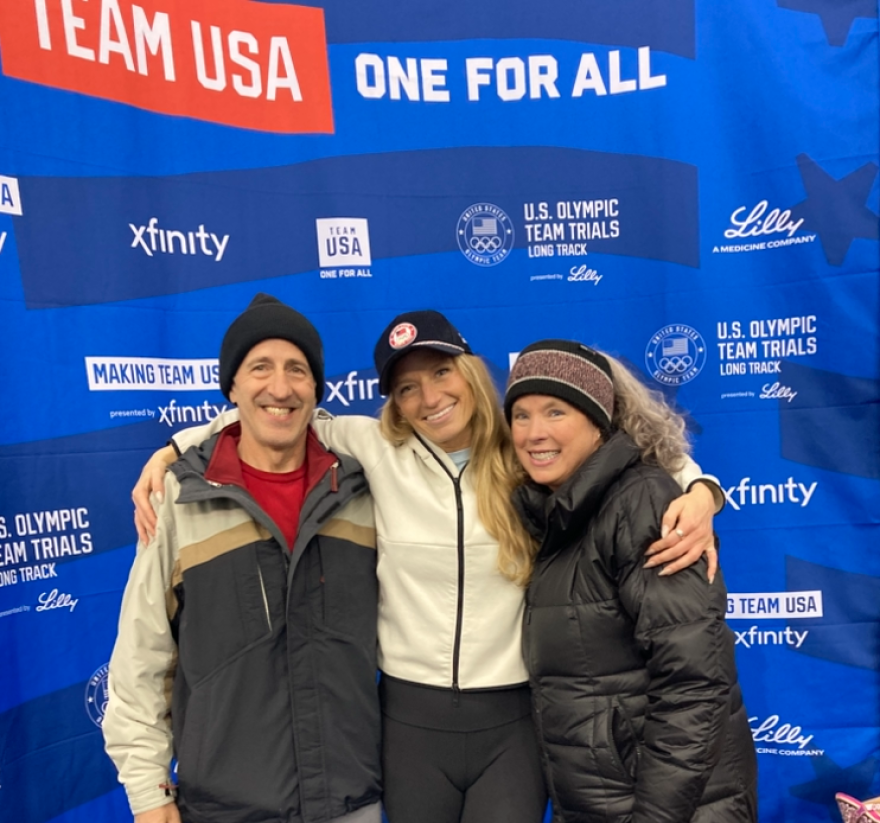 Mia Manganello, center, poses with her parents, Dominic, left, and Karen Manganello, right, on Jan. 5, 2026, at the U.S. Olympic Team Trials in Milwaukee, which ran from Jan. 2-5, 2026.