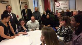 Superintendent of Public Instruction Jennifer McCormick, center, listens as educators discuss ways to help failing schools during a ESSA Community Meeting on Tuesday April 4, 2017 at the Indianapolis Urban League. State Board of Education member B.J. Watts, and Wayne Township Schools Superintendent Jeff Butts also listen.