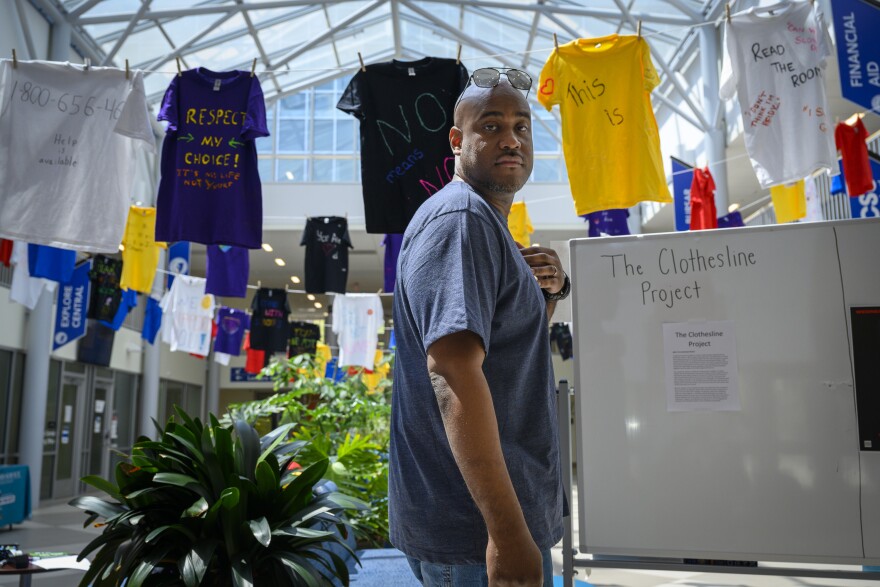 Jamaal Wagner, the Sexual Assault & Violence Prevention Specialist at Central Connecticut State University, has organized, in conjunction with The Clothesline Project, a presentation of more than 120 shirts with handwritten messages of support for victims of sexual assault.