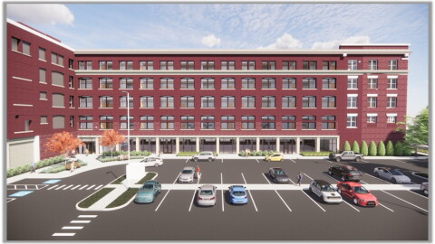 A rendering of the new apartment complex under construction at the former Warner & Swasey building in Cleveland's Midtown neighborhood.