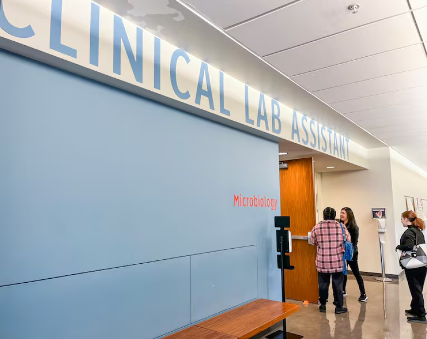 Students enrolled in Clackamas Community College's short-term phlebotomy certificate program head to class on December 13, 2023.