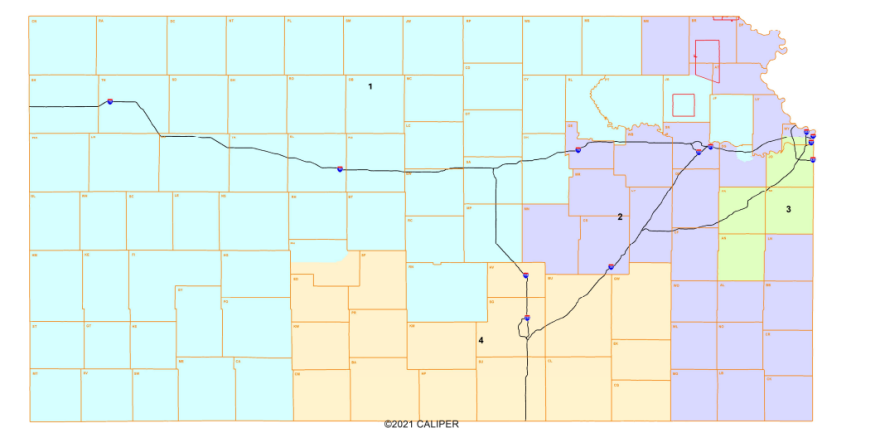 This screenshot from a Kansas Legislative Research Department document shows the redistricted map. The 2nd District is highlighted in purple.
