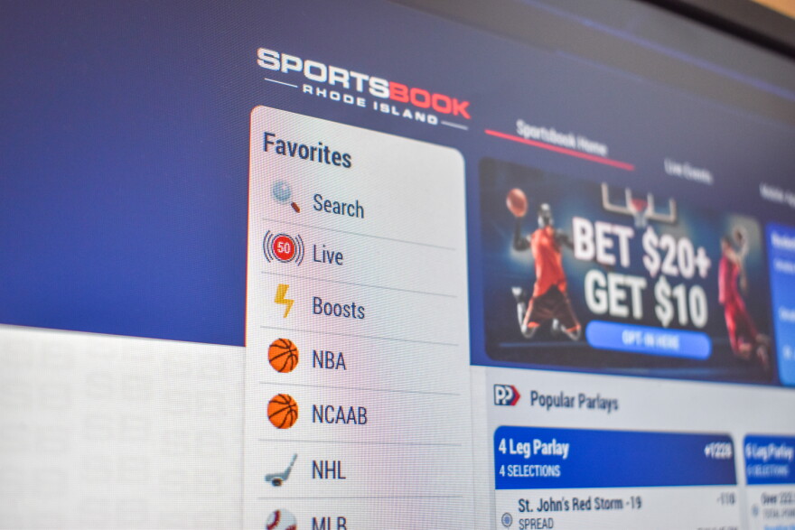 A computer monitor displays the Sportsbook RI website, Rhode Island’s sole online source for wagering on sports games.