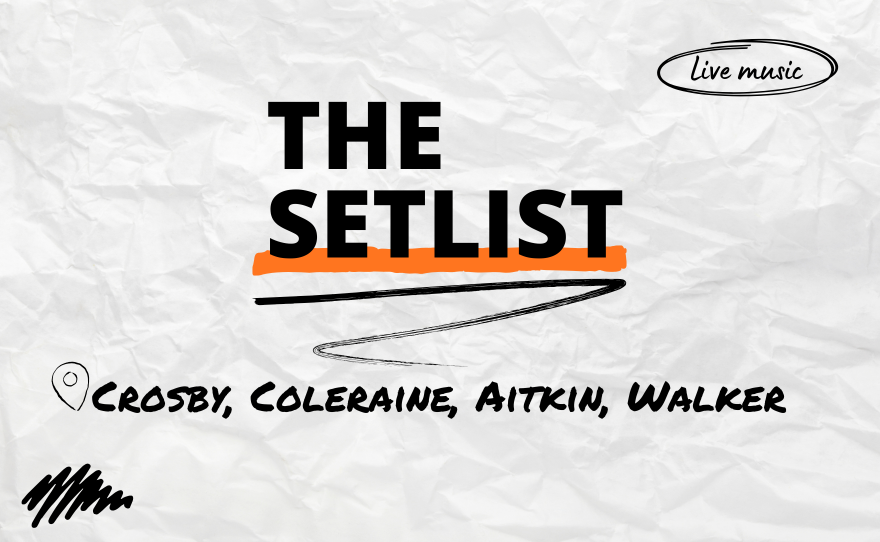 "The Setlist" and "Crosby, Coleraine, Aitkin, Walker" written over a crumpled paper background.