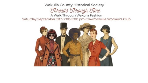 Flyer featuring cartoon drawings of people in clothing from historical periods