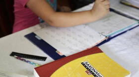 A homeschool math textbook rests on the table where Mabry Grant, 8, works on a lesson with her mom, Donya Grant, at their home in Monroe, Washington. (Ted S. Warren/AP)