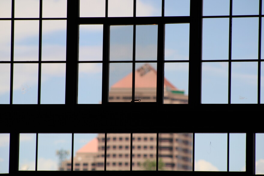 Downtown Albuquerque seen through the windows at the rail yards
