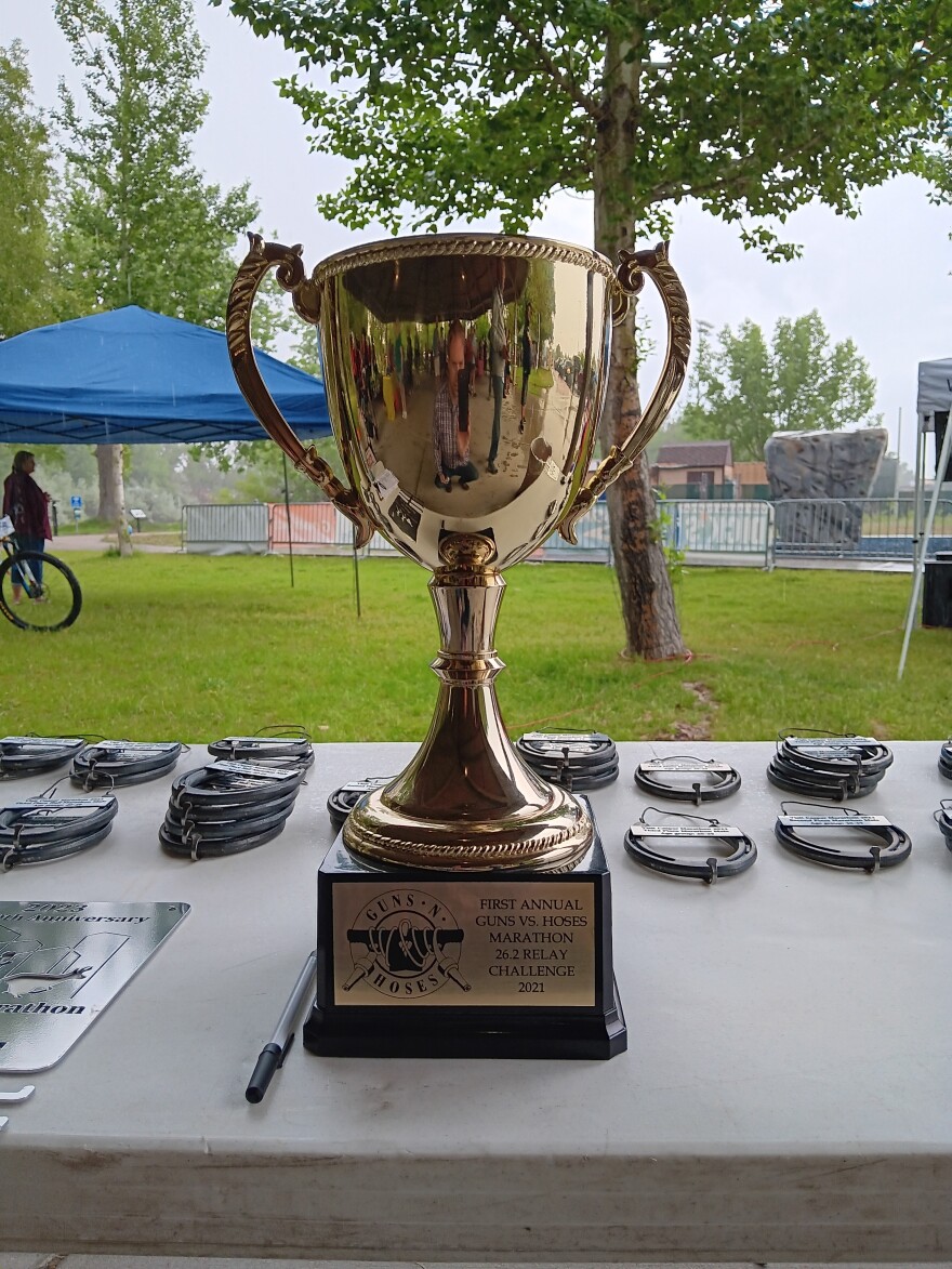 A traditional cup-shaped trophy for the marathon relay.