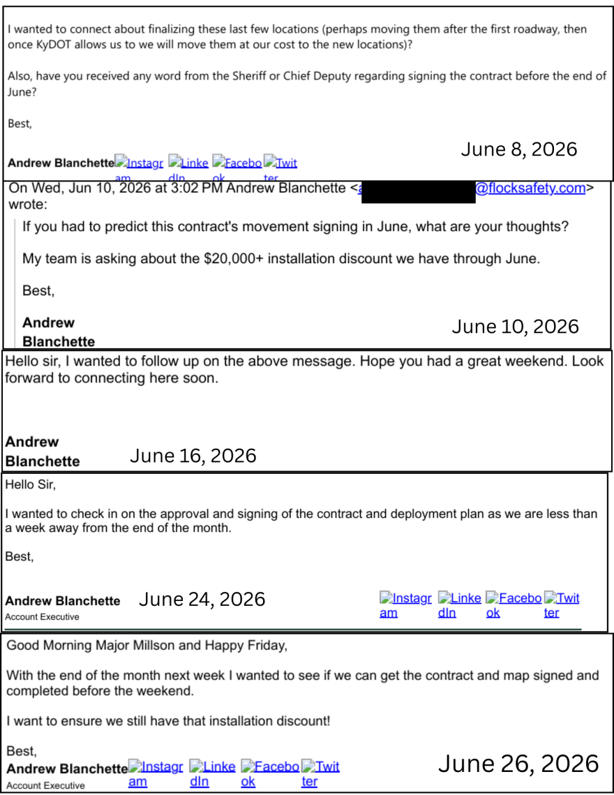 Five screenshots of emails sent from Flock Representative Andrew Blanchette to Boone County Captain Aaron Millson asking when he will sign the contract and reminding him the discount is only valid through June. 