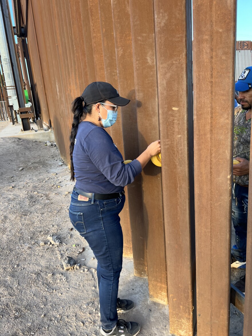 Arizona-California Humanitarian Coalition volunteer Nathalie Hernandez Barahona passes bananas to migrant Wilmer Isaac Avila of Honduras through the border fence west of San Luis, Ariz. She said the group has the permission of Border Patrol agents to take water and snacks to migrants.