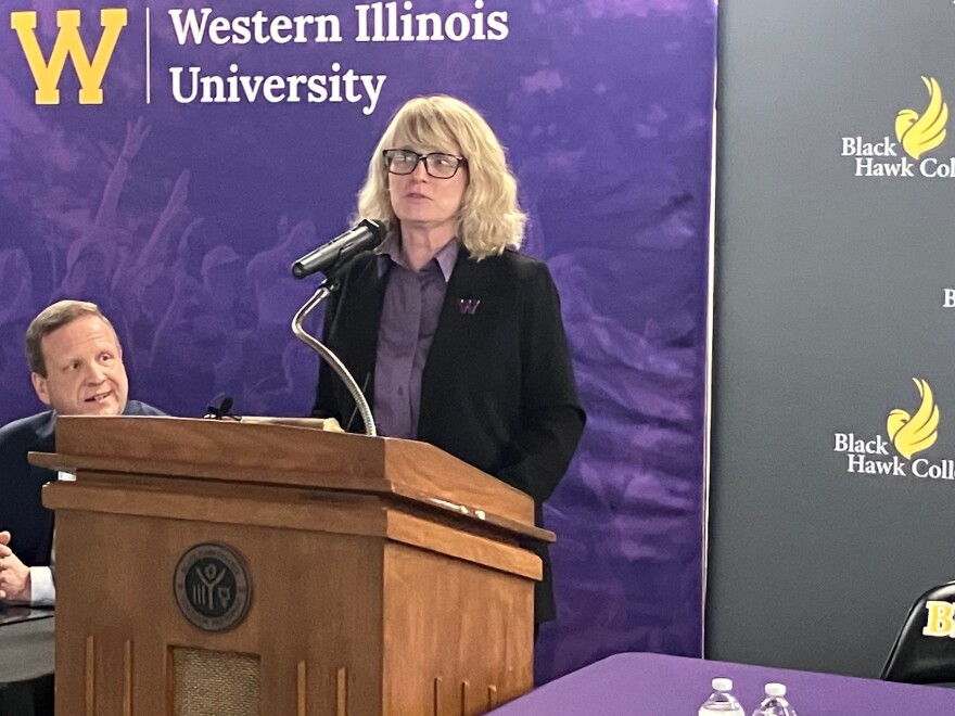 Kristi Mindrup, who became WIU president in December 2024, speaks about the transfer agreement between Western and Black Hawk College in Moline, Wednesday, April 1, 2026.