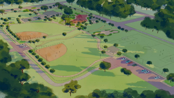 Artist rendering of improved MacDona Plaza Park