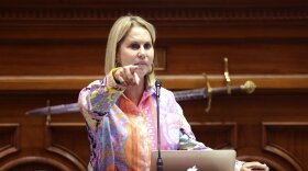 Republican South Carolina Sen. Sandy Senn speaks about a bill banning abortion on the Senate floor on Wednesday, Sept. 7, 2022, in Columbia, S.C. (AP Photo/Jeffrey Collins)