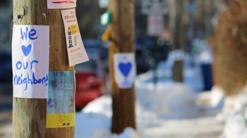 Signs in Portland on Wednesday, Jan. 28, 2026.