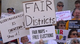a crowd of people holding signs that bear slogans like "gerrymandering is cheating: stop it" and "fair districts."