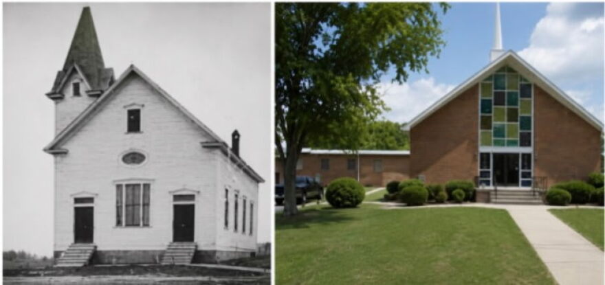 First Waughtown Baptist Church at 838 Moravia Street in Winston-Salem, as it appeared in 1913 (left), and the 1976 sanctuary at the same location that remains in use today.