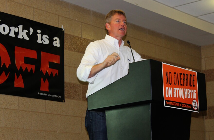 Missouri Attorney General Chris Koster explains why he's against 'right-to'work' Saturday, Sept. 12, 2015 in Arnold, Mo. Koster is running for governor of Missouri in 2016.