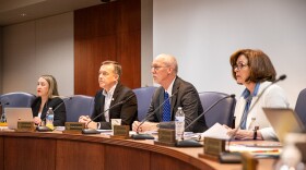 Members of the Kansas Board of Regents, along with KBOR President and CEO Blake Flanders (second from right), participate in a board meeting on May 20. Left to right: Board member Diana Mendoza, board chair Blake Benson, Flanders, and board member Kathy Wolfe Moore. 