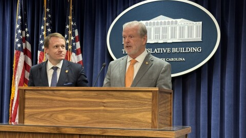 Senate leader Phil Berger, R-Rockingham, and Speaker of the House Destin Hall, R-Caldwell, introduce their budget framework in May. Now, about six weeks later, the final budget is complete and includes a 2.5 one-time bonus for state retirees instead of permanent pension increases.