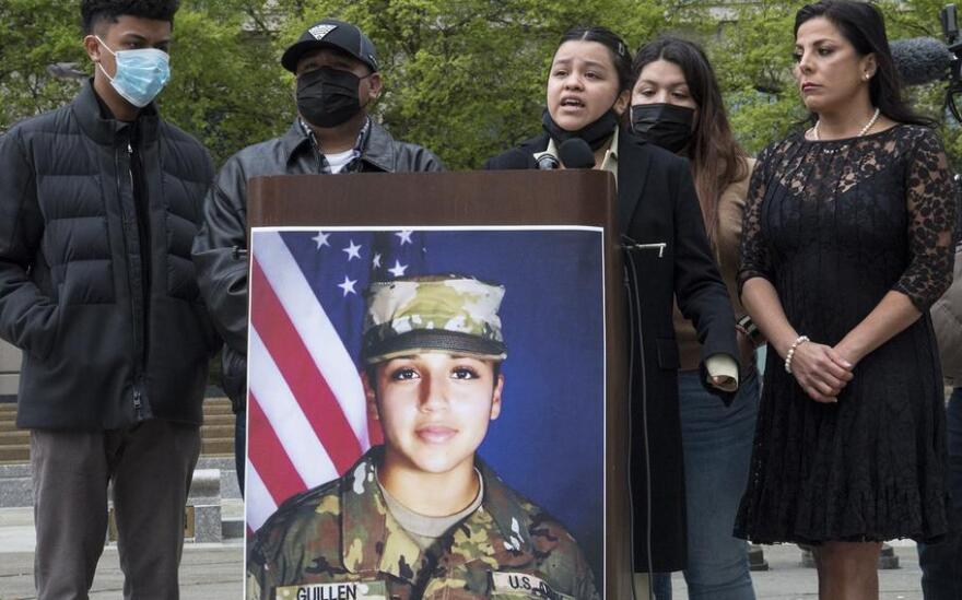 Spc. Vanessa Guillen's sister, Lupe, speaks at a news conference marking the first anniversary of the Fort Hood soldier's killing, April 22, 2021 at the Navy Memorial in Washington, D.C.