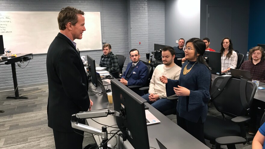 Ohio Lt. Gov. Jon Husted, speaking to a few dozen students enrolled at Tech Elevator, a coding bootcamp program in Cleveland. [Adrian Ma / ideastream]