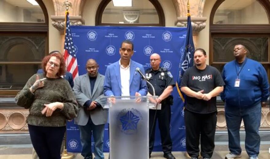 Rochester Mayor Malik Evans held a news conference Saturday with other city officials to talk about a 10-year-old girl who was shot and injured when gunfire hit the house she was in on Moulson St.