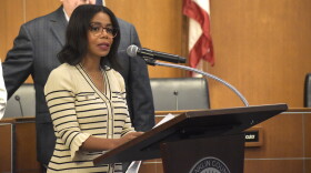 Franklin County Board of Commissioners Chair Erica Crawley speaks at a press conference downtown on October 16, 2025.