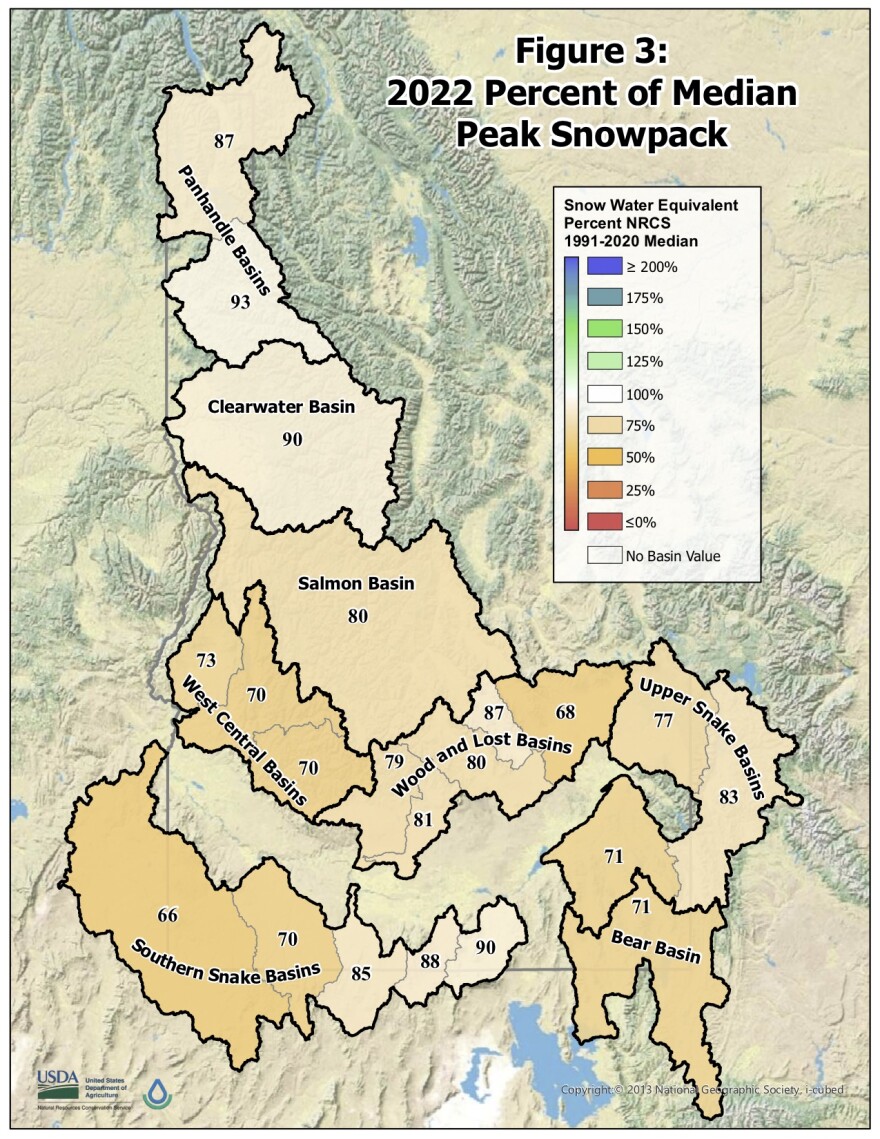 A map of peak snowpack levels in Idaho in 2022.