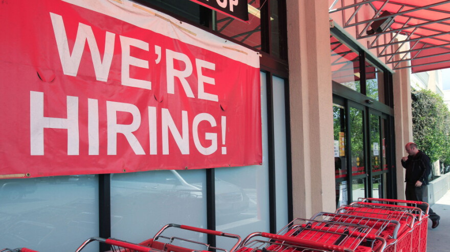 An Office Depot store in Mountain View, Calif., was looking to hire new employees last month. Retailers led the way in hiring for April, with 57,000 jobs.