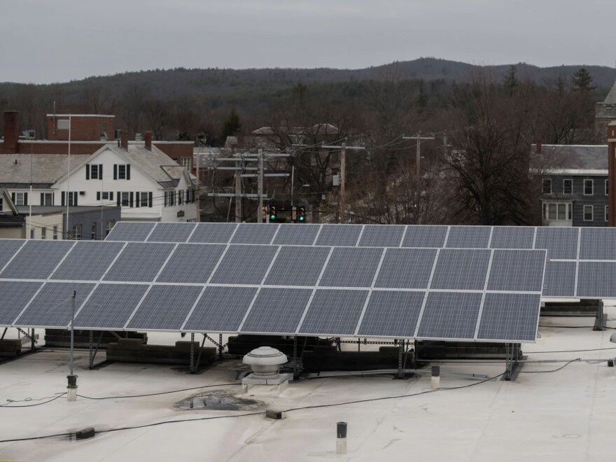 Solar panels are pictured on Wednesday, April 5, 2023, on the roof of the city hall in Keene, N.H. Raquel C. Zaldívar / New England News Collaborative