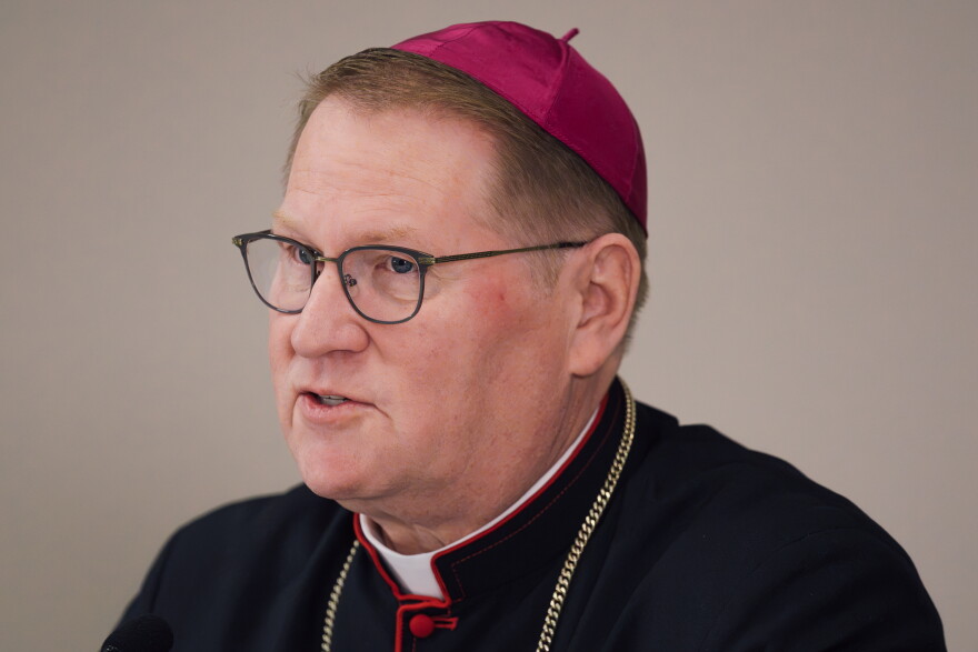 Bishop Louis Tylka of Peoria tears up while speaking about the significance of the day during a news conference ahead of the beatification Mass for the late Archbishop Fulton J. Sheen on Thursday.