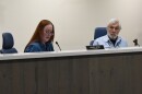 Benton County Commissioners Nancy Wyse (left) and Pat Malone (right) at a hearing Nov. 4, 2025. They both previously voted to expand the Coffin Butte Landfill, but opted Tuesday to withdraw approval pending further discussion.