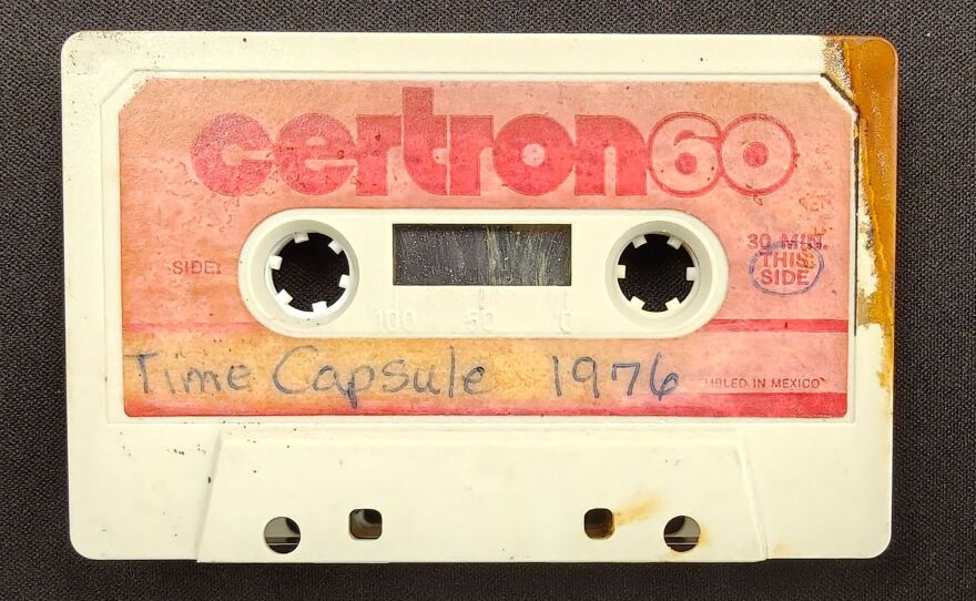A photo of an audio cassette tape containing recordings by May Sands students recovered from the time capsule.