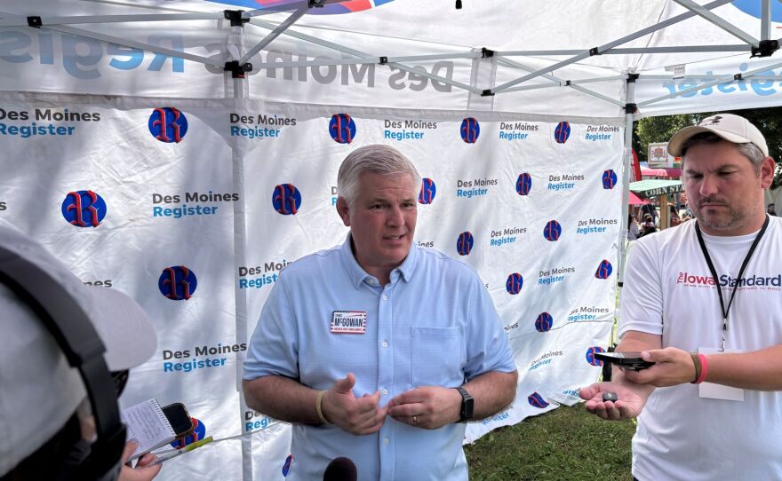 Republican candidate for Iowa's 4th U.S. House District Chris McGowan spoke at the Des Moines Register Political Soapbox on Aug. 17, 2026.