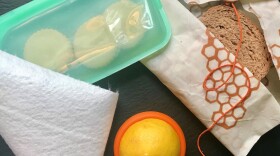 Last year, the author set about reducing her reliance on single-use disposables in the kitchen. Above are some of the tools she has adopted for food storage: a heavy-duty reusable silicone zip-top bag, bamboo towels, silicone disks that slip over the ends of cut pieces of fruits and vegetables, and beeswax-covered fabrics.