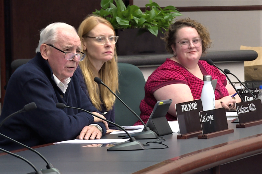 From left, Les Coyne, Kathleen Mills and Lisa Thatcher of the Bloomington Board of Parks Commissioners meeting on Jan. 9, 2019.