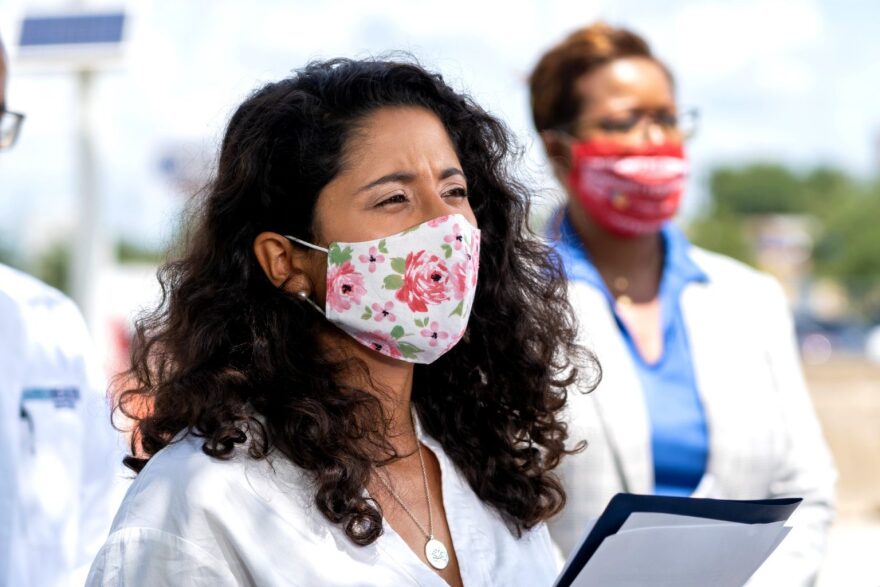 Harris County Judge Lina Hidalgo (left) on August 17, 2021.