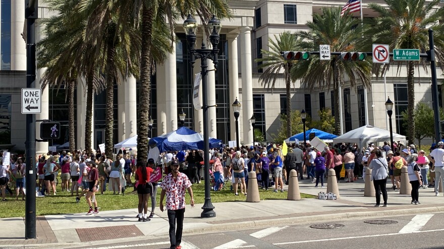 Marchers for reproductive rights converge on the Duval County Courthouse on Oct. 2, 2021.