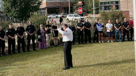 Normal Fire Chief Mick Humer speaks at Friday's remembrance of the 9/11 terror attacks.
