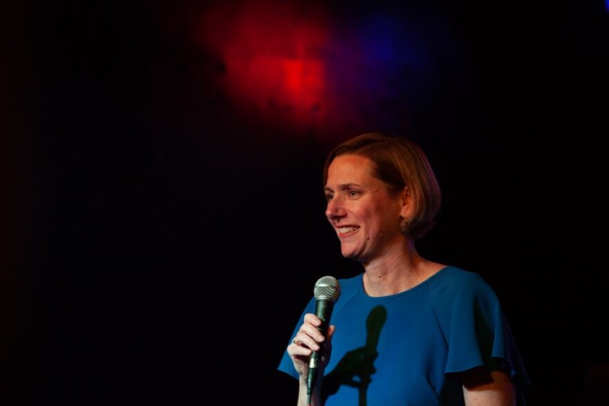 Kendra Fershee, the Democratic nominee for West Virginia’s 1st Congressional District, speaks at a candidate event in Morgantown, West Virginia, in October.