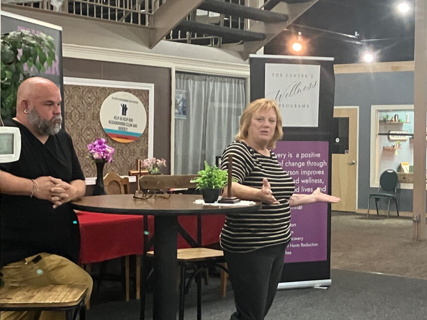 Pennie Kellenberger, director of The Center, and associate director Michael Gayman, at a community conversation about vandalism damages, Wednesday, Sept. 30, 2026.