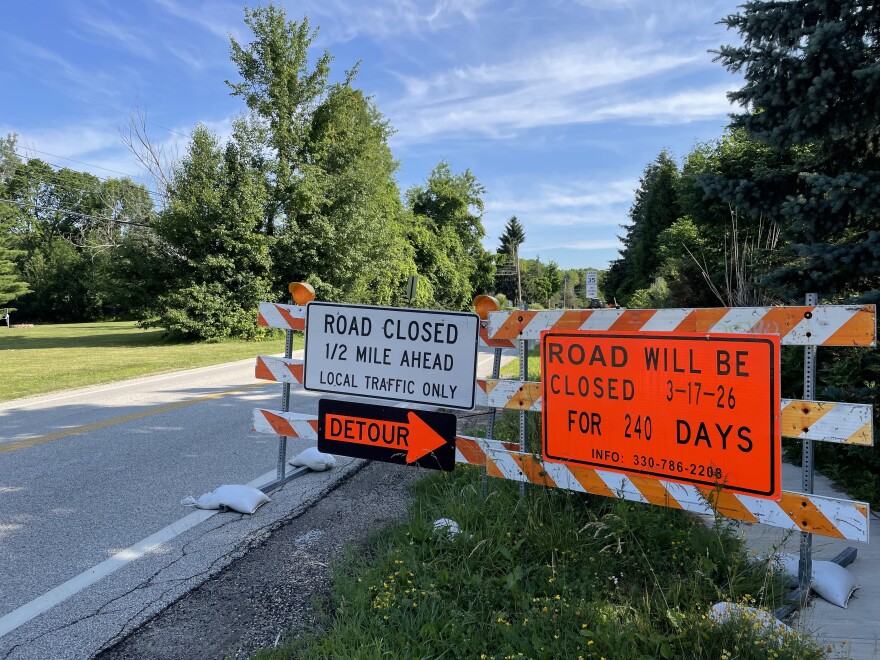 Bright orange signs warn motorists that a half a mile ahead, I-480 over Stow Rd. in Hudson will be closed for 240 days starting Mar. 17, 2026. The signs also point to a detour and say, "local traffic only."