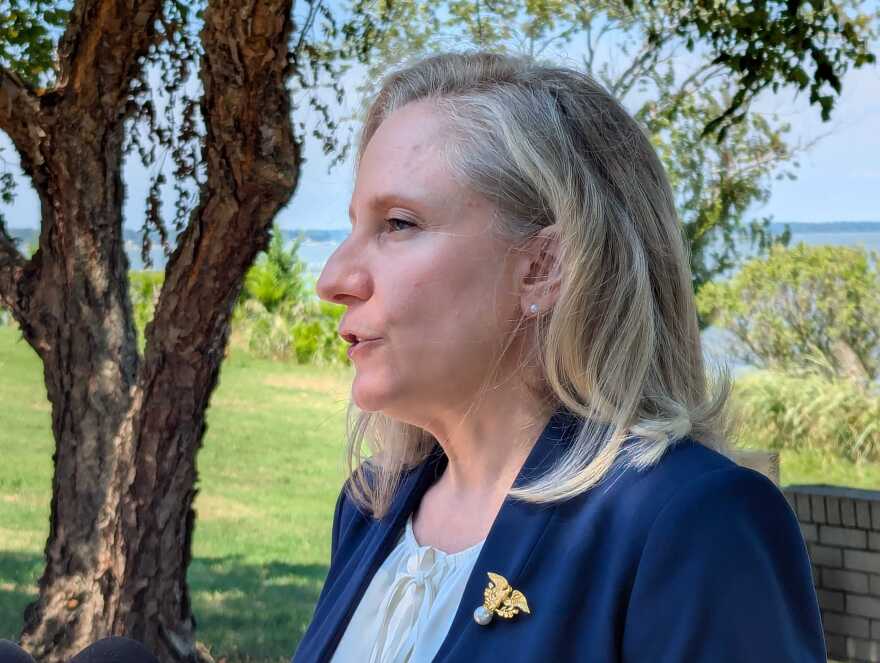 Abigail Spanberger takes questions prior to announcing her economic plan in Suffolk on Tuesday, July 22, 2025.