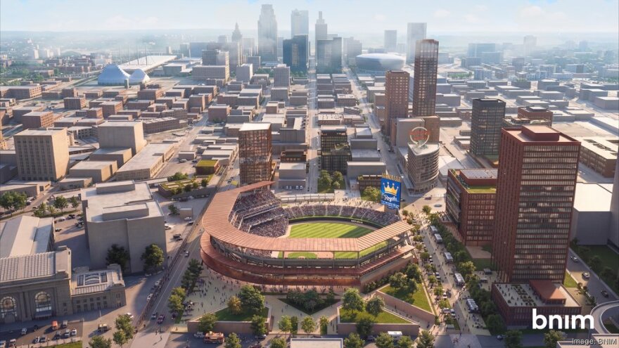 A conceptual rendering of a Kansas City Royals stadium at Washington Square Park, created by BNIM Architects.